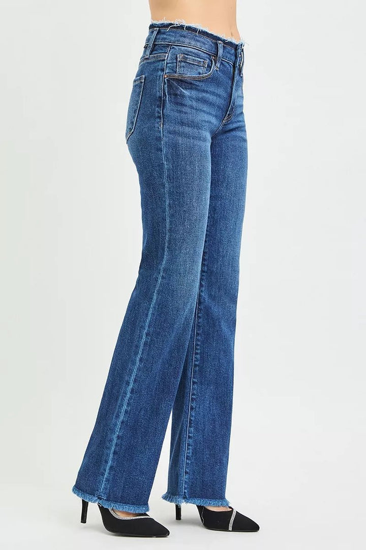 RISEN Plus Size Full Length Mid Rise Bootcut Jeans with Frayed Waistband Hem Detail - AMVIM