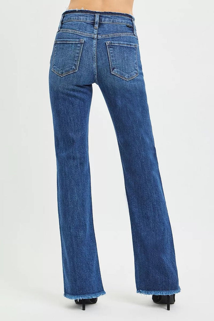 RISEN Plus Size Full Length Mid Rise Bootcut Jeans with Frayed Waistband Hem Detail - AMVIM
