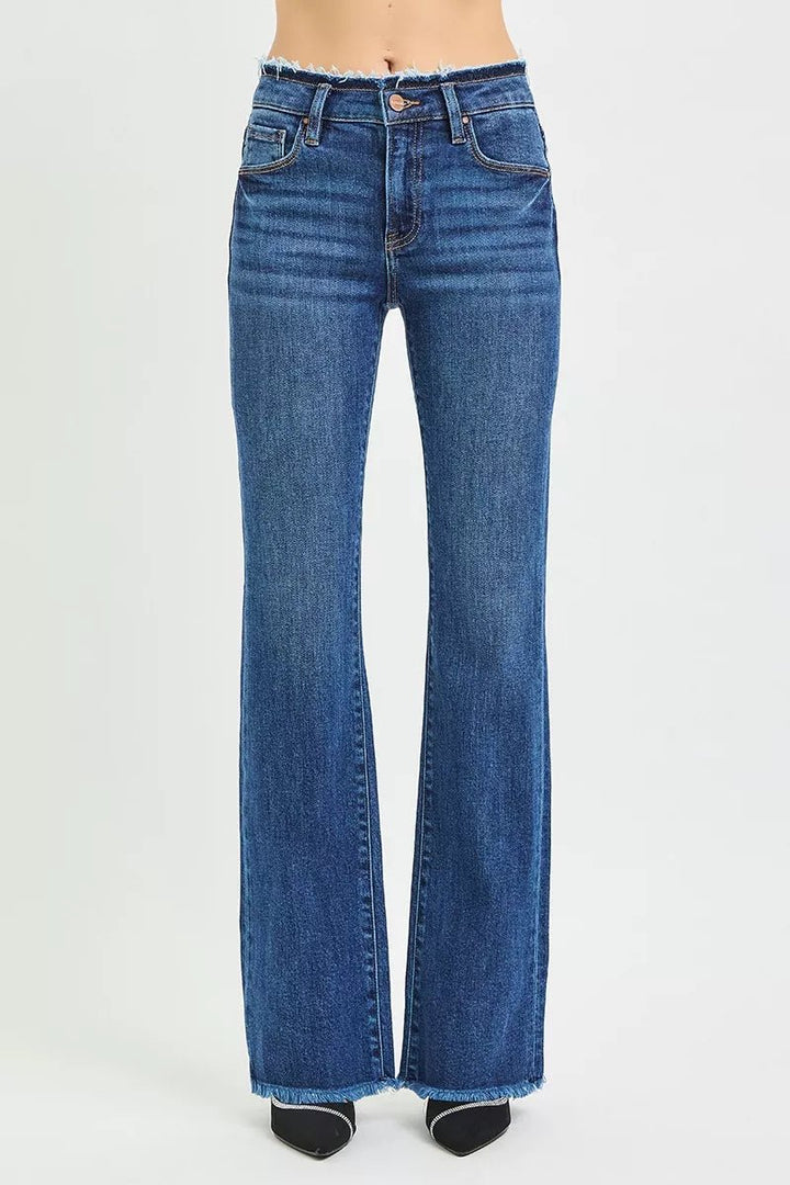 RISEN Plus Size Full Length Mid Rise Bootcut Jeans with Frayed Waistband Hem Detail - AMVIM