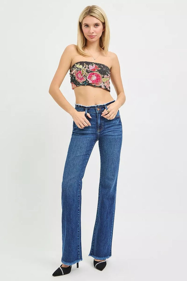RISEN Plus Size Full Length Mid Rise Bootcut Jeans with Frayed Waistband Hem Detail - AMVIM