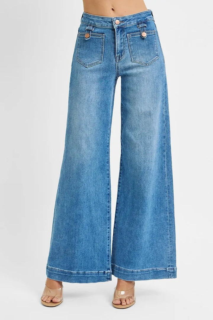 RISEN Plus Size Full Length Mid Rise Wide Front Patch Pocket Jeans - AMVIM