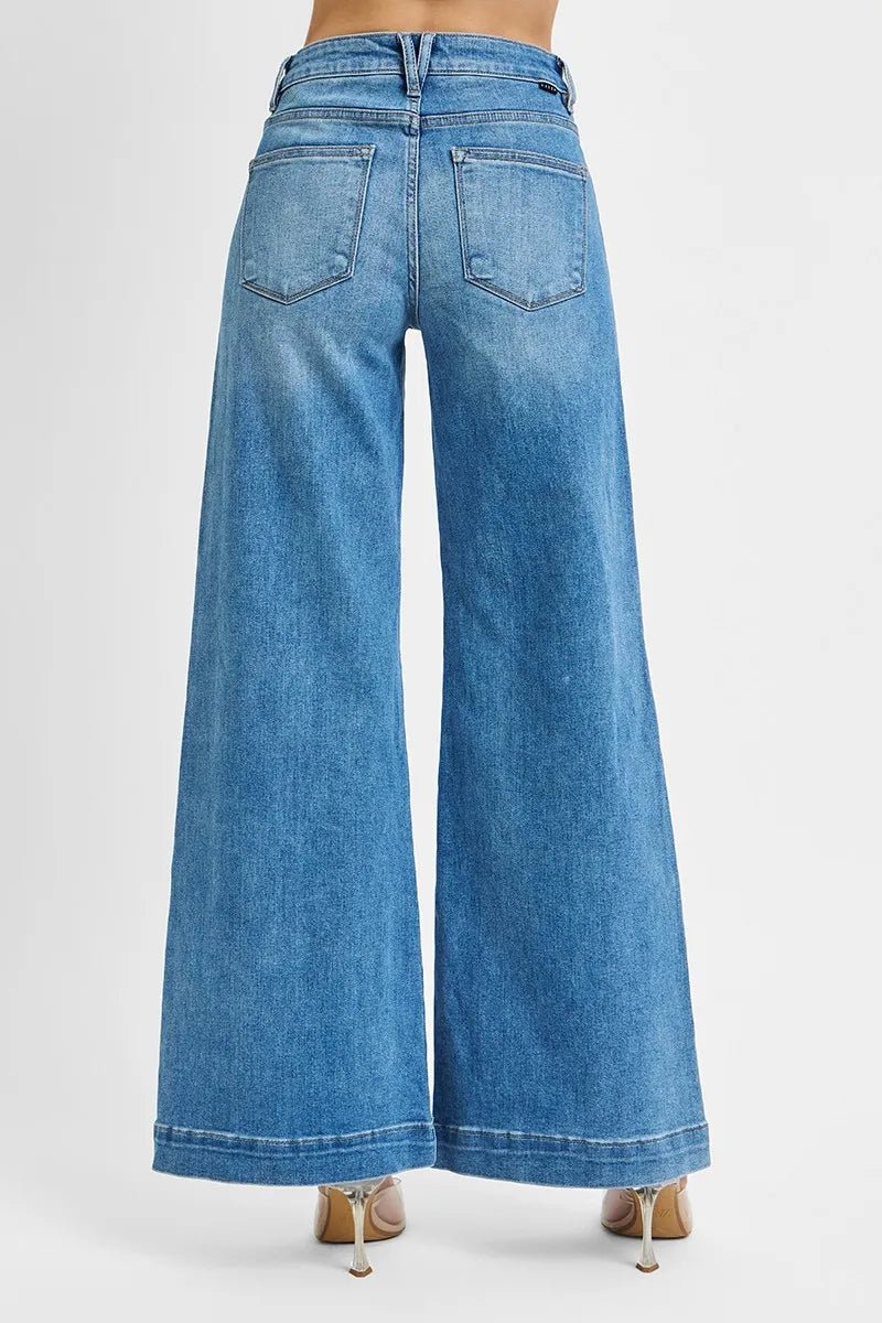 RISEN Plus Size Full Length Mid Rise Wide Front Patch Pocket Jeans - AMVIM