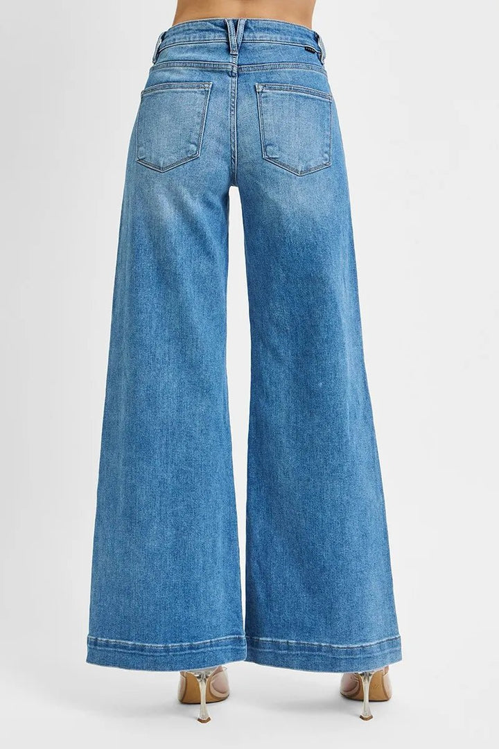 RISEN Plus Size Full Length Mid Rise Wide Front Patch Pocket Jeans - AMVIM