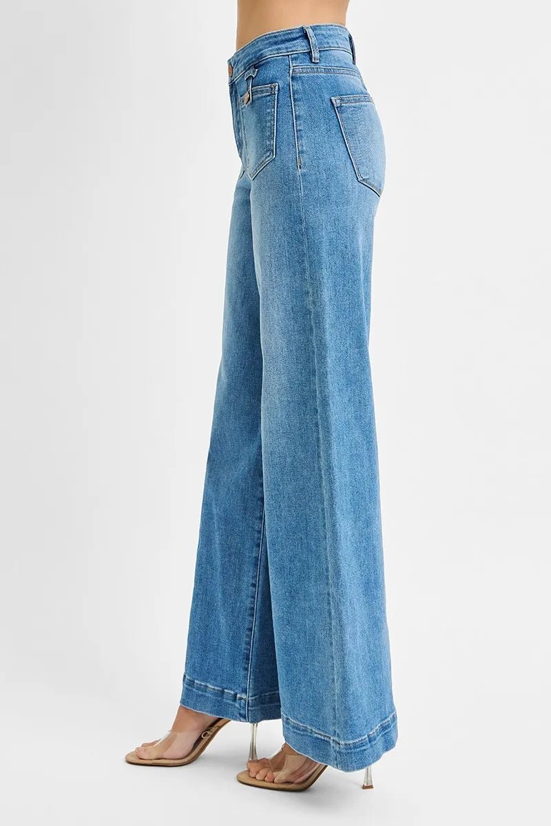 RISEN Plus Size Full Length Mid Rise Wide Front Patch Pocket Jeans - AMVIM