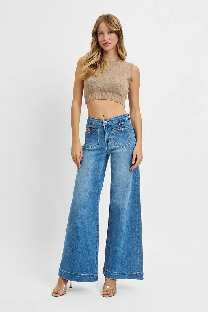 RISEN Plus Size Full Length Mid Rise Wide Front Patch Pocket Jeans - AMVIM