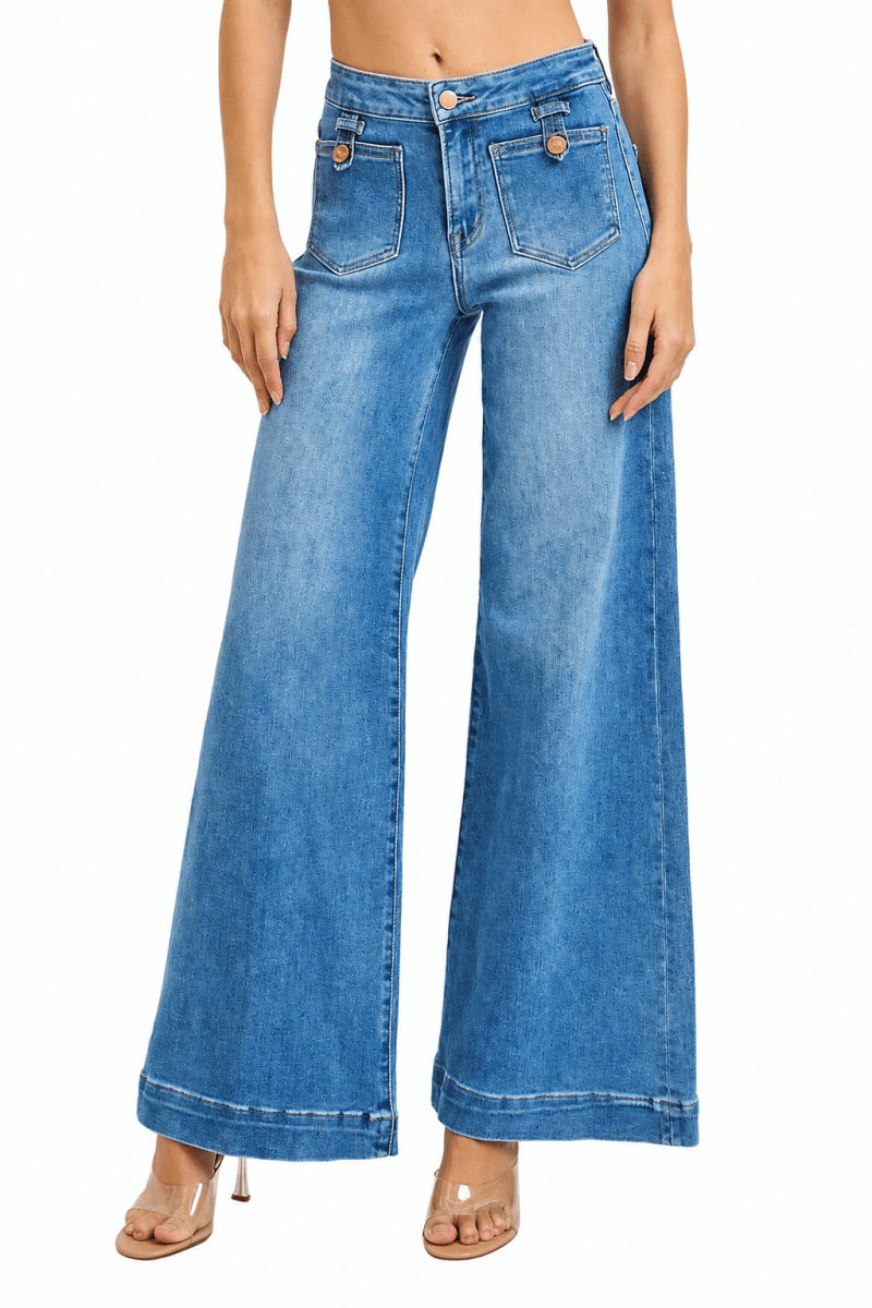 RISEN Plus Size Full Length Mid Rise Wide Front Patch Pocket Jeans - AMVIM
