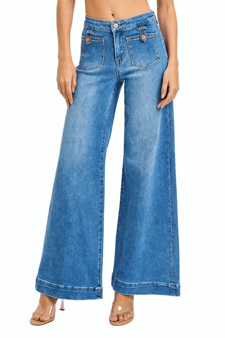RISEN Plus Size Full Length Mid Rise Wide Front Patch Pocket Jeans - AMVIM