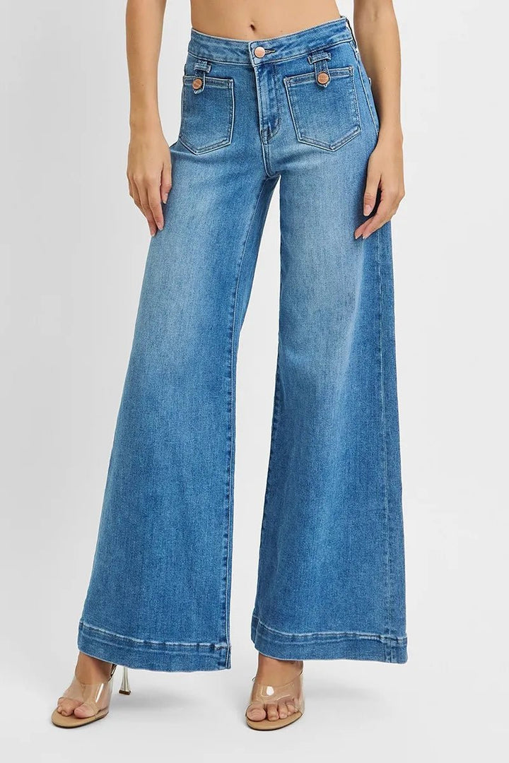 RISEN Plus Size Full Length Mid Rise Wide Front Patch Pocket Jeans - AMVIM