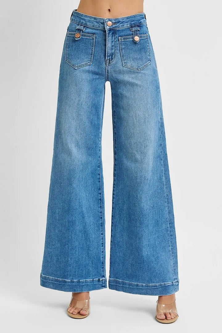 RISEN Plus Size Full Length Mid Rise Wide Front Patch Pocket Jeans - AMVIM