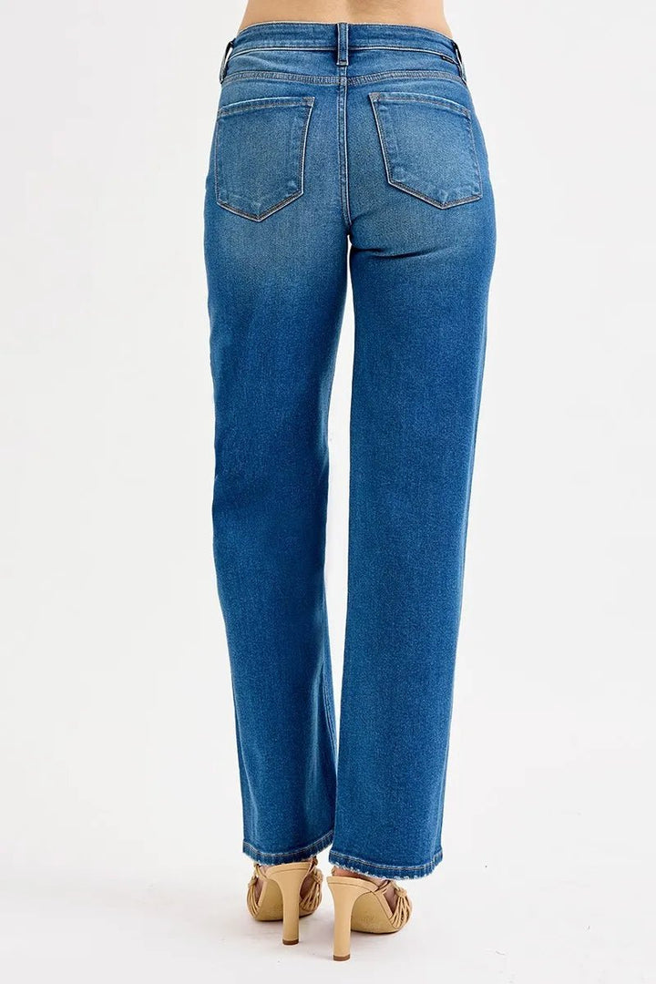 RISEN Plus Size Full Length Mid Waist Boyfriend Distressed Knee Jeans - AMVIM