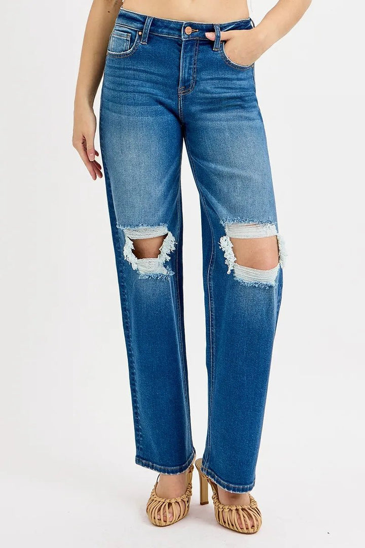 RISEN Plus Size Full Length Mid Waist Boyfriend Distressed Knee Jeans - AMVIM