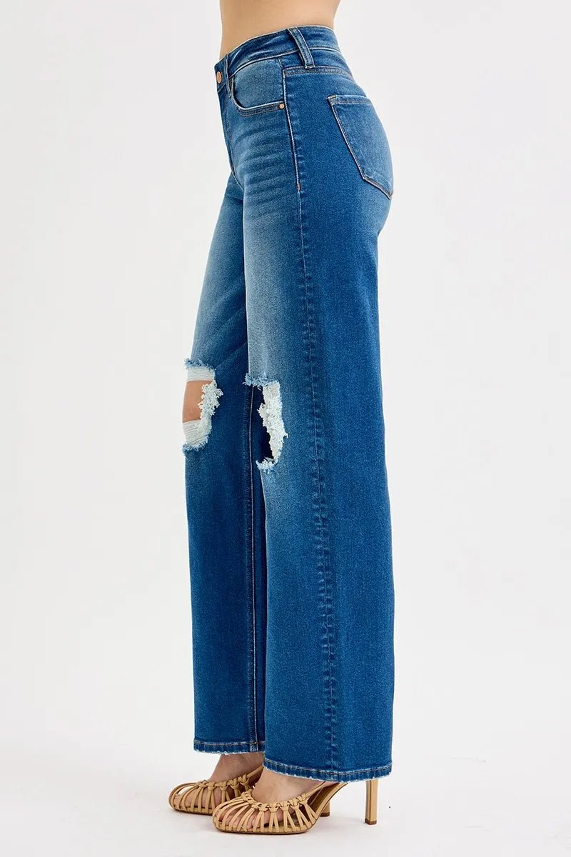 RISEN Plus Size Full Length Mid Waist Boyfriend Distressed Knee Jeans - AMVIM