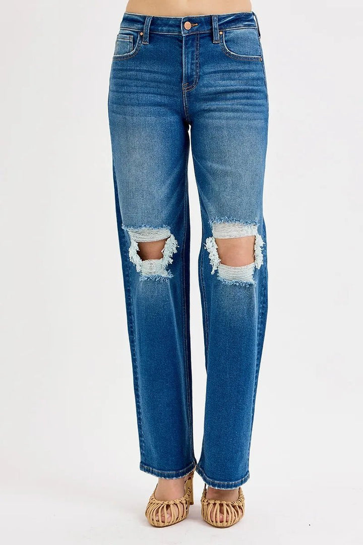 RISEN Plus Size Full Length Mid Waist Boyfriend Distressed Knee Jeans - AMVIM
