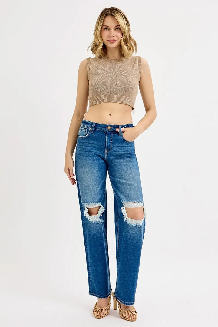 RISEN Plus Size Full Length Mid Waist Boyfriend Distressed Knee Jeans - AMVIM