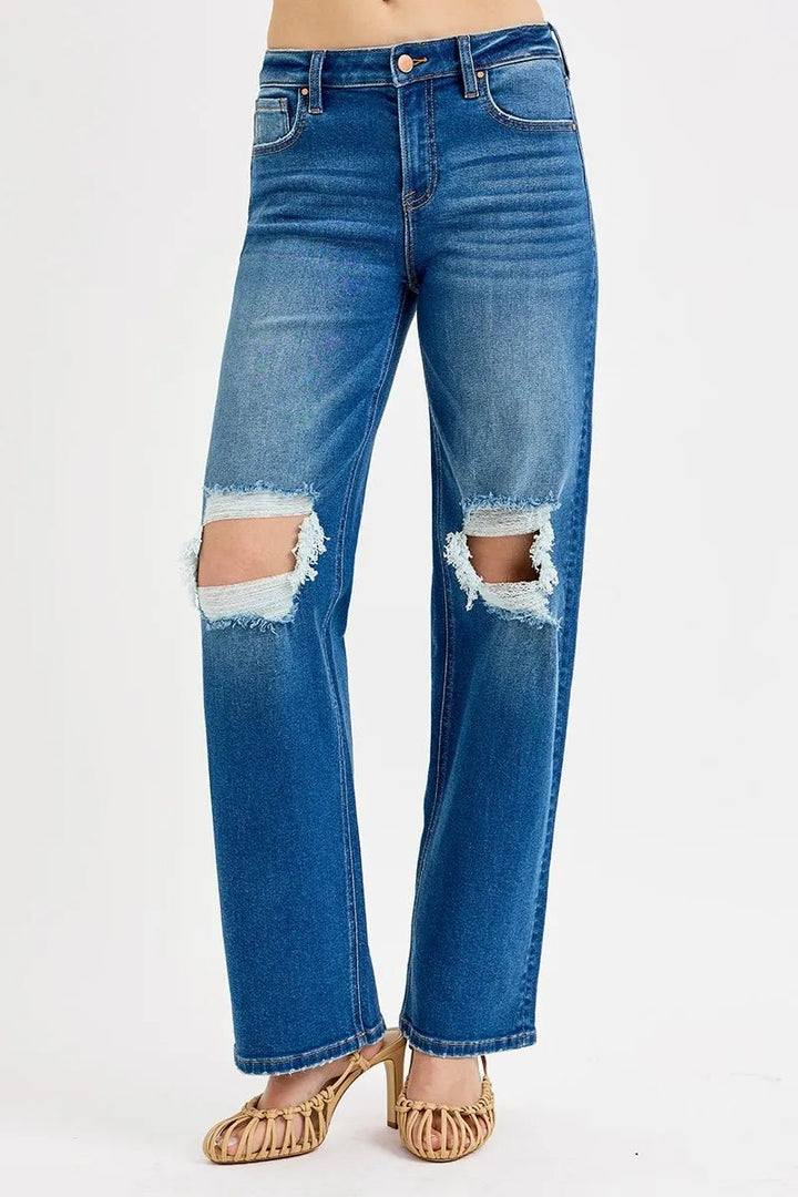 RISEN Plus Size Full Length Mid Waist Boyfriend Distressed Knee Jeans - AMVIM
