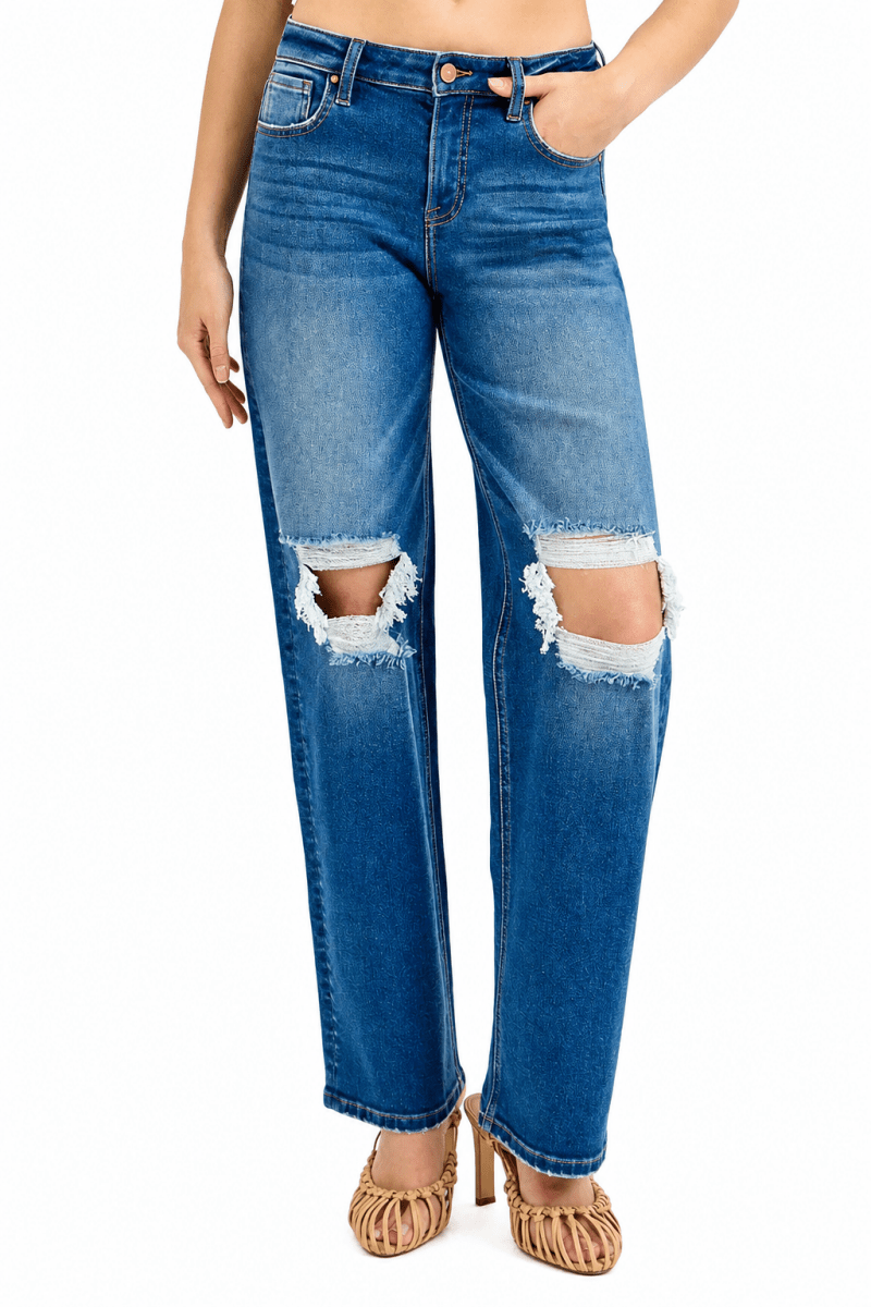 RISEN Plus Size Full Length Mid Waist Boyfriend Distressed Knee Jeans - AMVIM