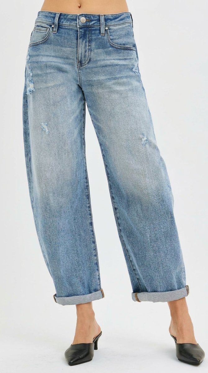 RISEN Plus Size Full Length Slouchy Cuffed Barrel Jeans - AMVIM