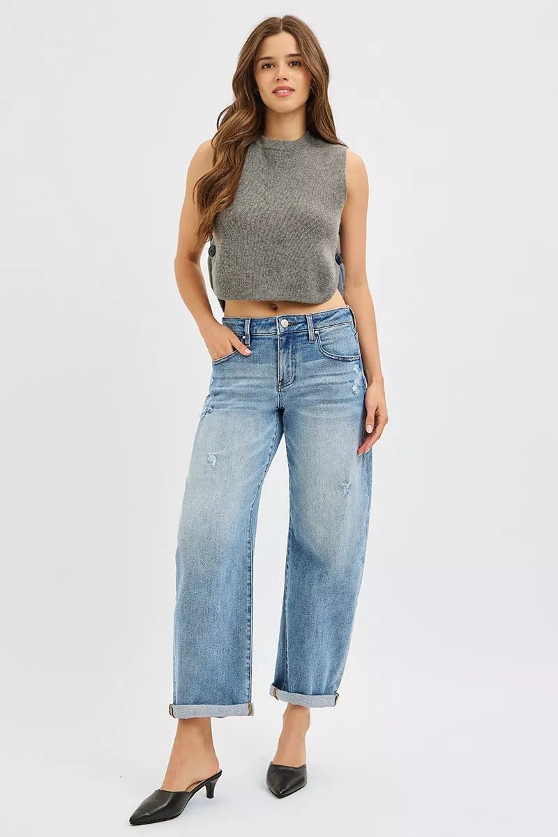 RISEN Plus Size Full Length Slouchy Cuffed Barrel Jeans - AMVIM