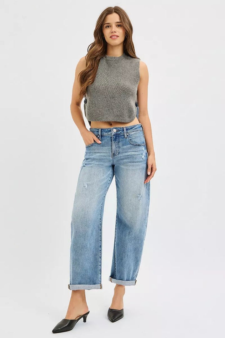 RISEN Plus Size Full Length Slouchy Cuffed Barrel Jeans - AMVIM