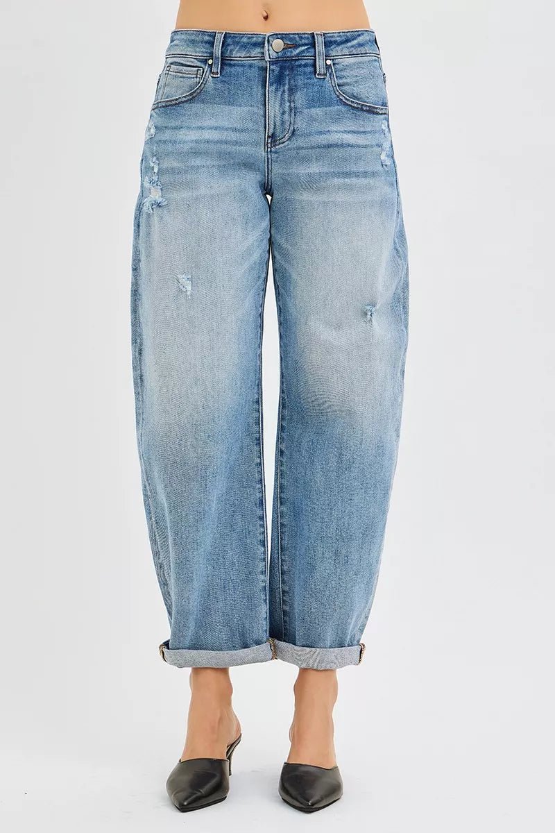 RISEN Plus Size Full Length Slouchy Cuffed Barrel Jeans - AMVIM
