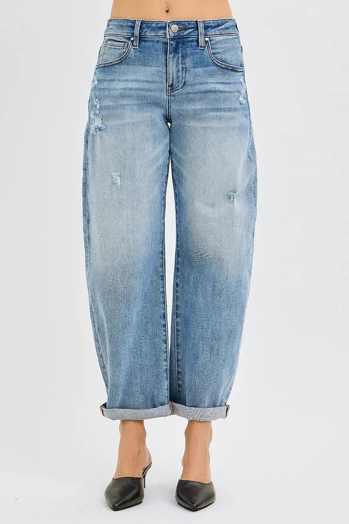 RISEN Plus Size Full Length Slouchy Cuffed Barrel Jeans - AMVIM