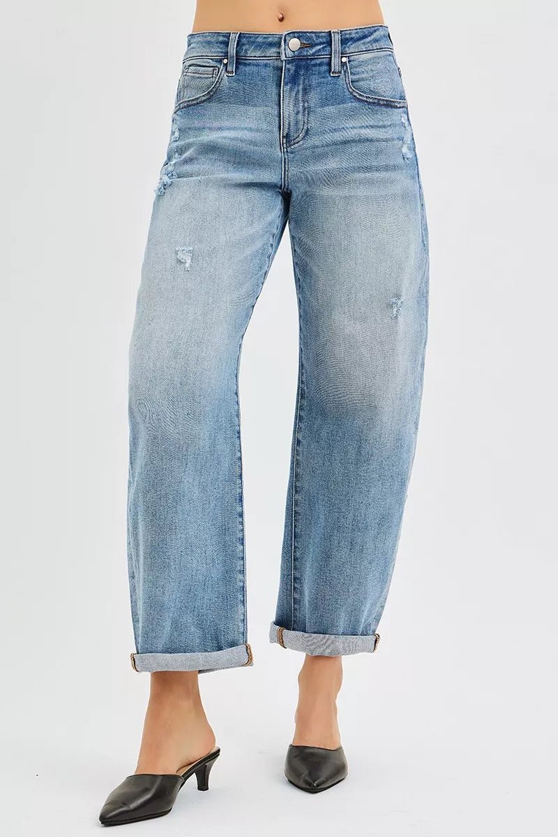 RISEN Plus Size Full Length Slouchy Cuffed Barrel Jeans - AMVIM