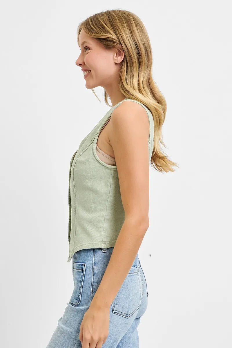 RISEN Plus Size Full Length V Neck Button Down Vest - AMVIM