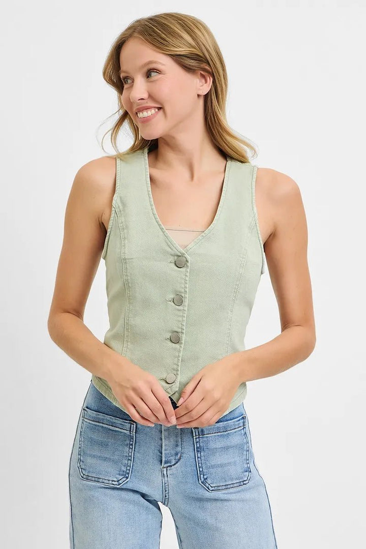RISEN Plus Size Full Length V Neck Button Down Vest - AMVIM