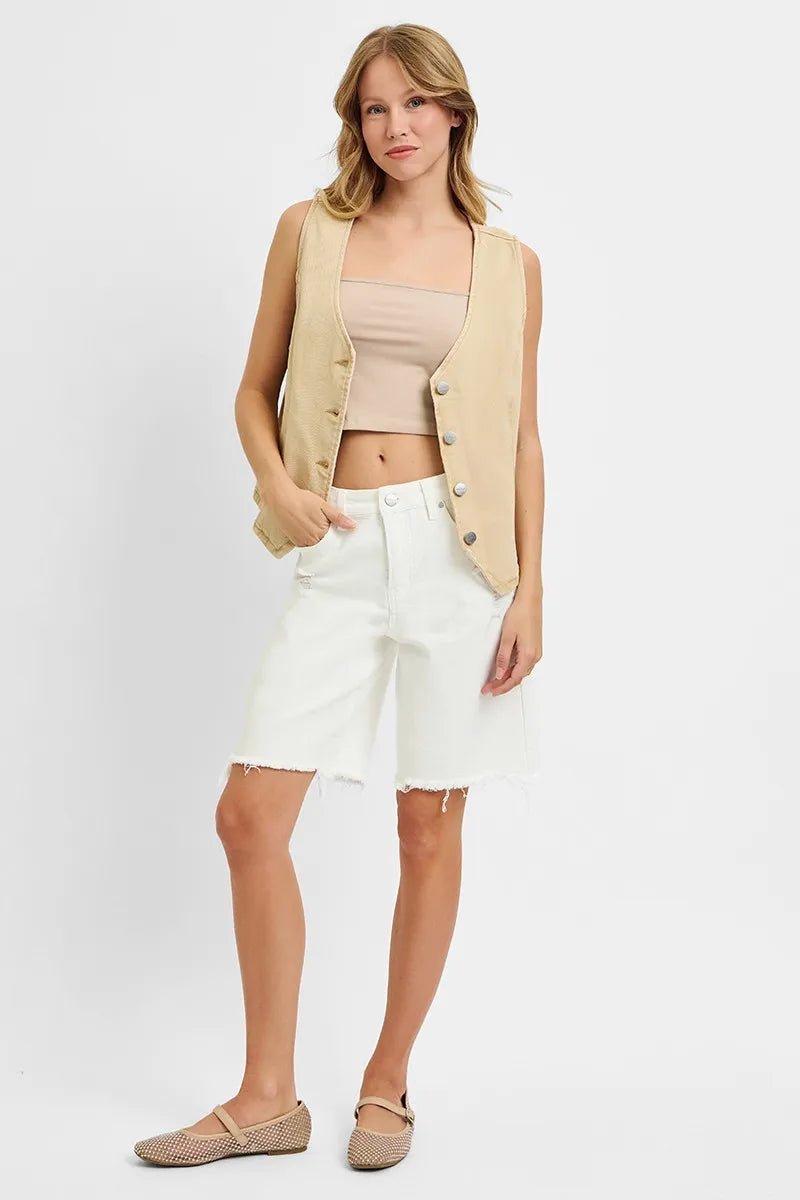 RISEN Plus Size Full Length V Neck Button Down Vest - AMVIM