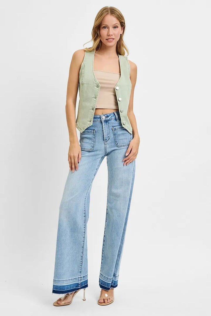 RISEN Plus Size Full Length V Neck Button Down Vest - AMVIM