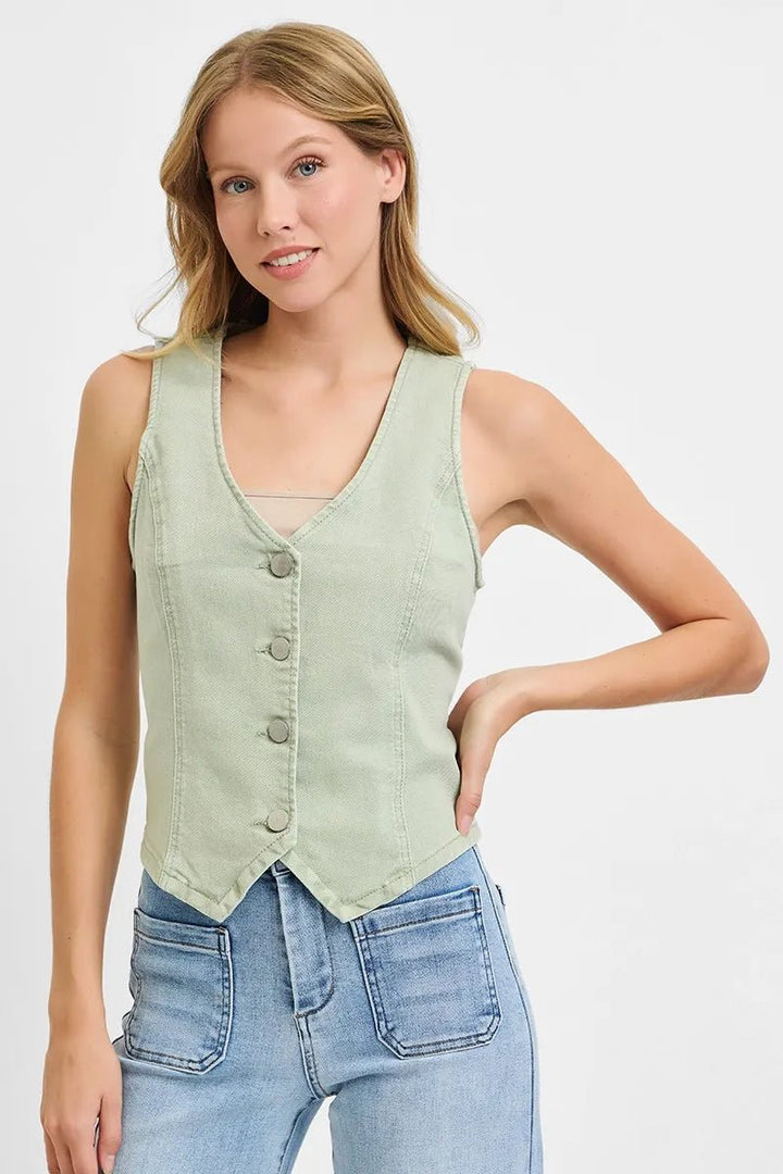 RISEN Plus Size Full Length V Neck Button Down Vest - AMVIM
