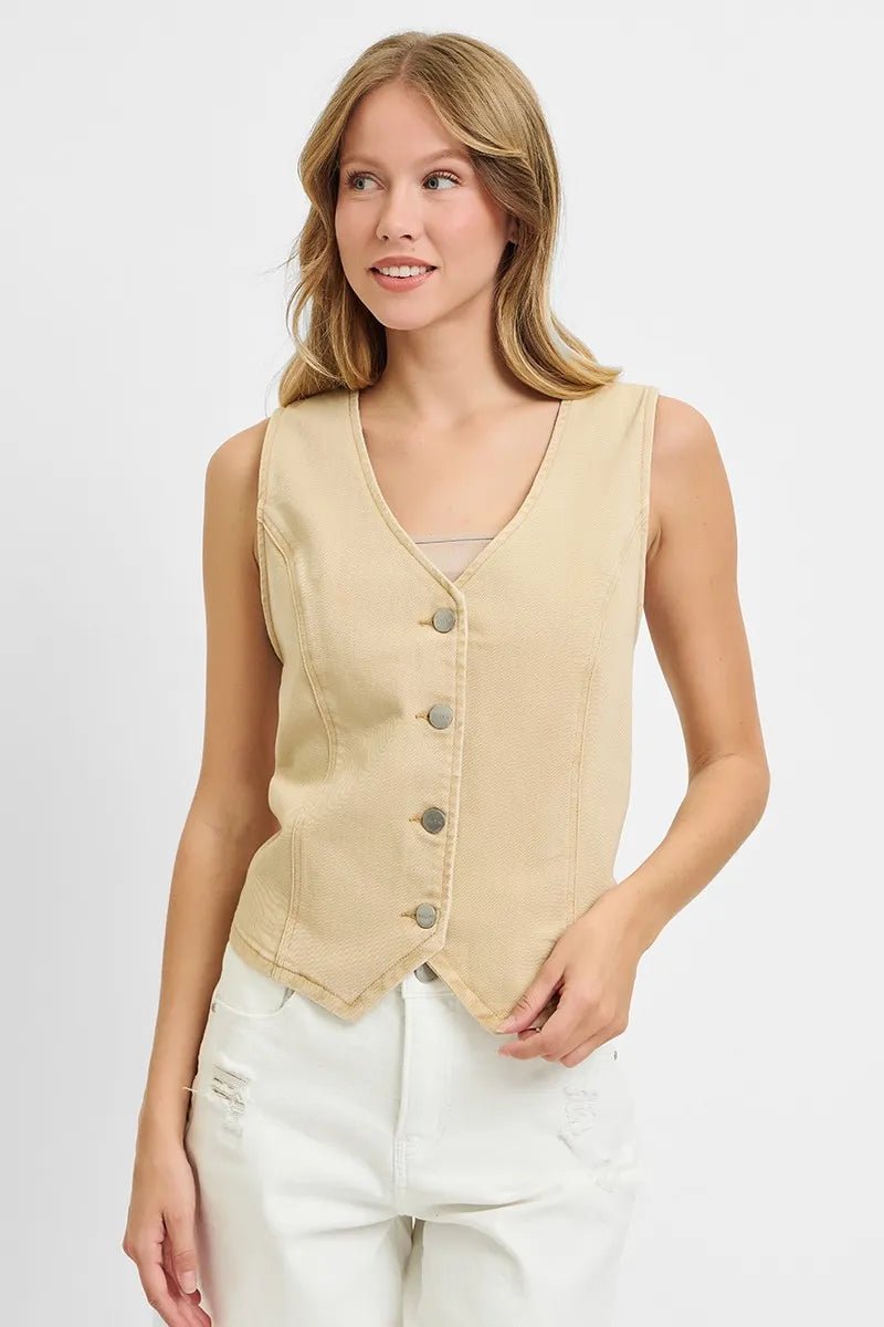 RISEN Plus Size Full Length V Neck Button Down Vest - AMVIM