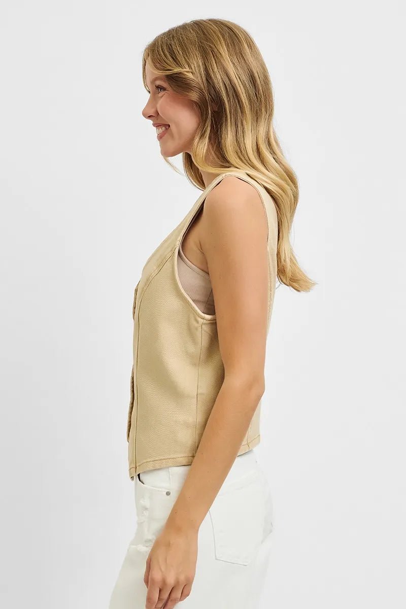 RISEN Plus Size Full Length V Neck Button Down Vest - AMVIM