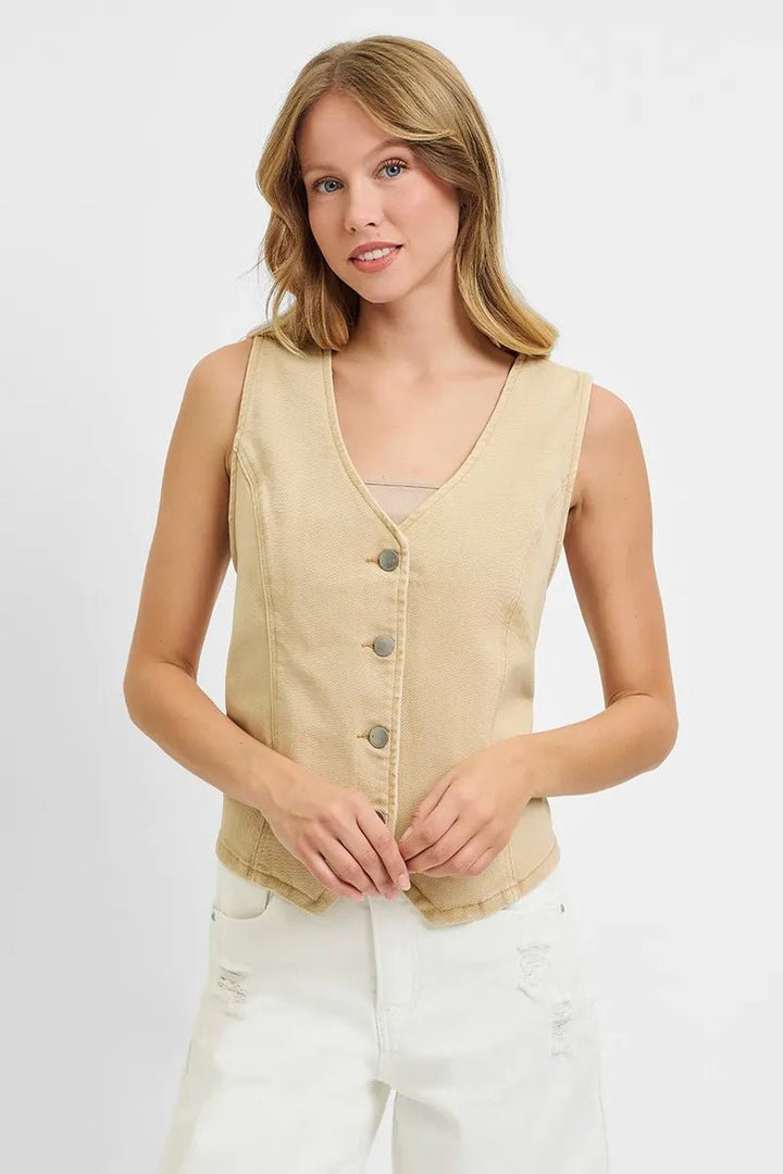 RISEN Plus Size Full Length V Neck Button Down Vest - AMVIM