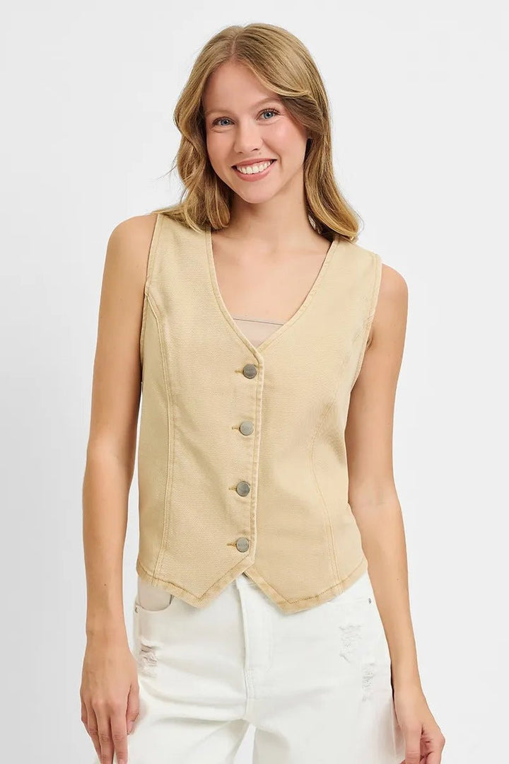 RISEN Plus Size Full Length V Neck Button Down Vest - AMVIM