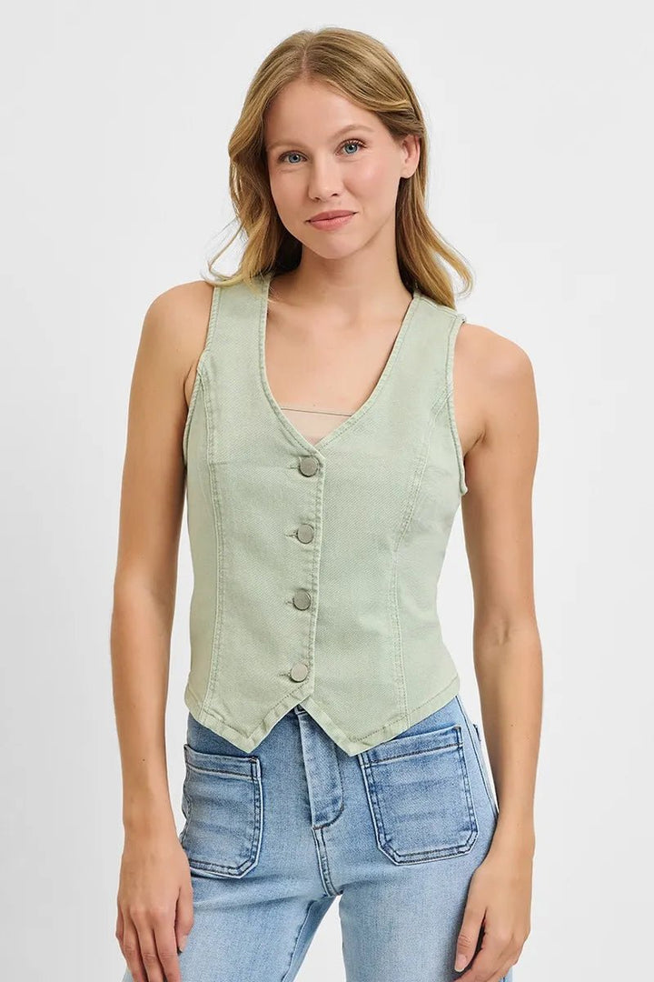 RISEN Plus Size Full Length V Neck Button Down Vest - AMVIM