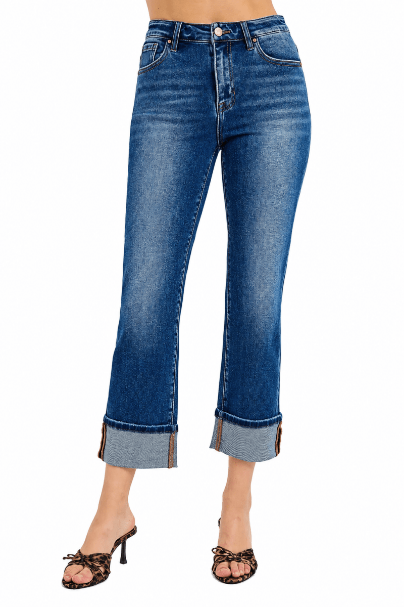 RISEN Plus Size High Rise Ankle Straight Cuffed Jeans - AMVIM