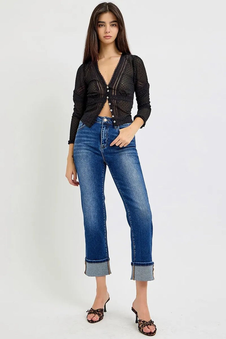 RISEN Plus Size High Rise Ankle Straight Cuffed Jeans - AMVIM