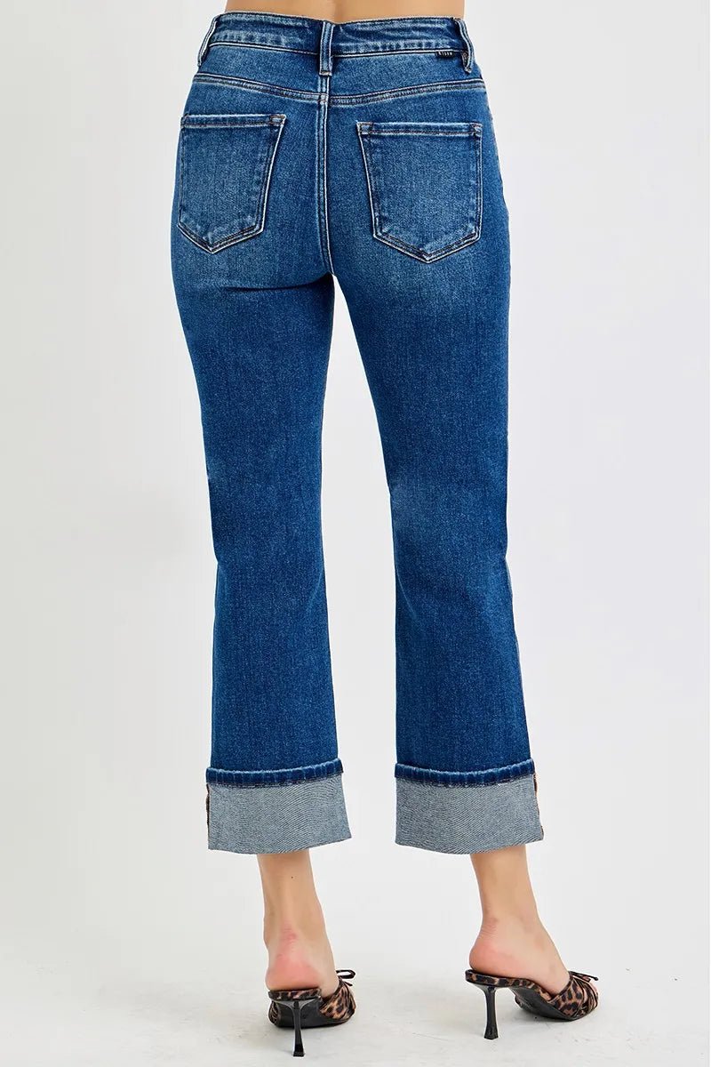 RISEN Plus Size High Rise Ankle Straight Cuffed Jeans - AMVIM