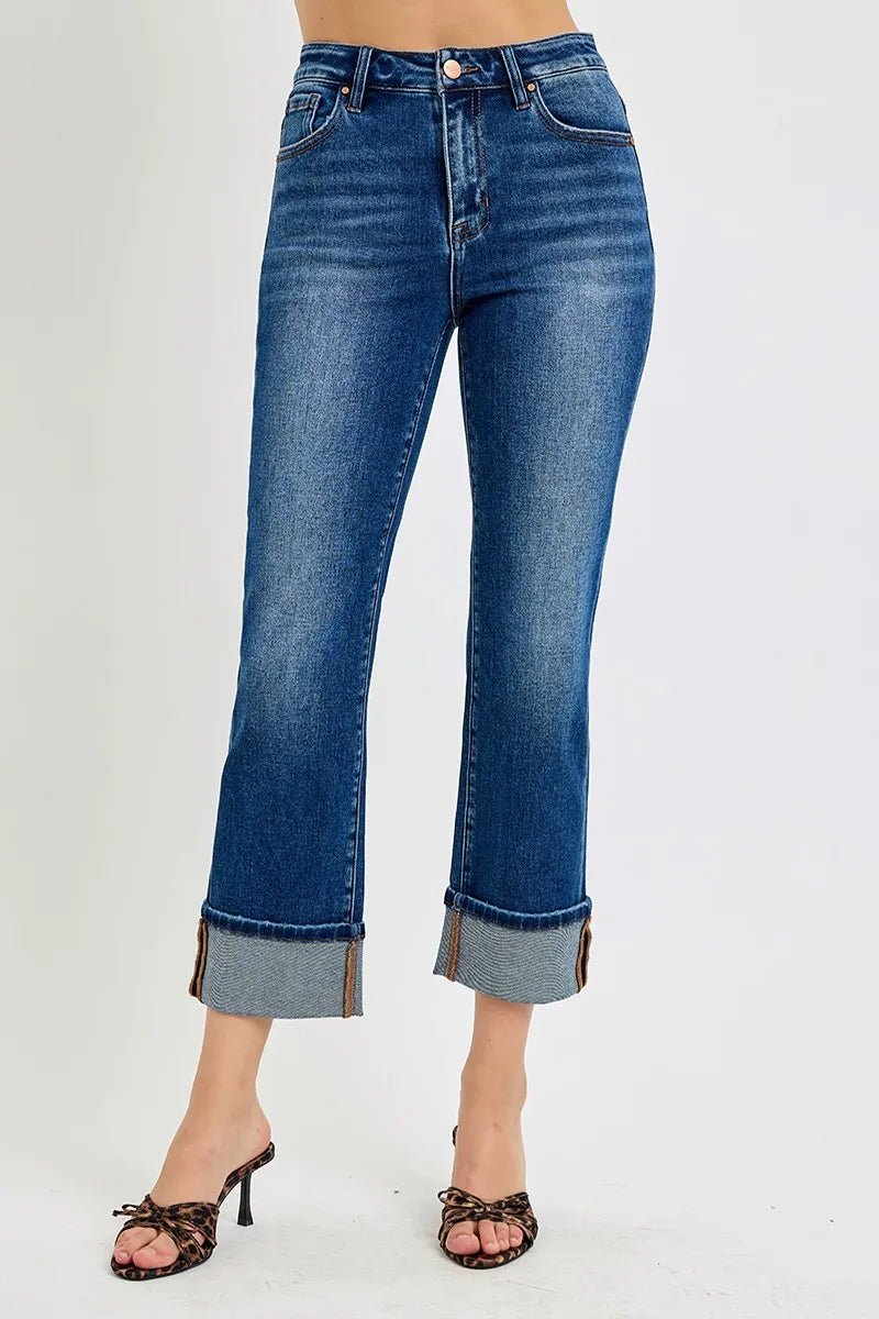 RISEN Plus Size High Rise Ankle Straight Cuffed Jeans - AMVIM