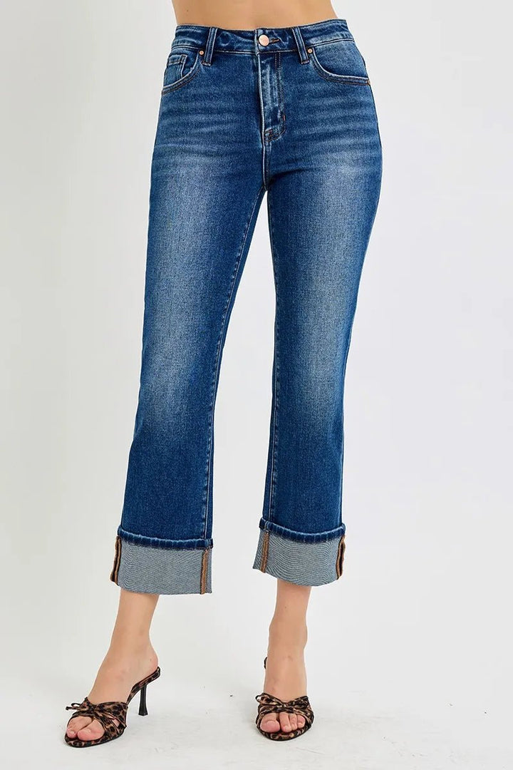 RISEN Plus Size High Rise Ankle Straight Cuffed Jeans - AMVIM