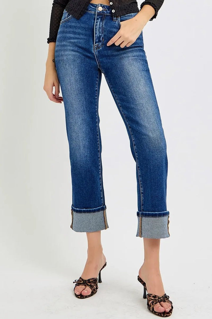 RISEN Plus Size High Rise Ankle Straight Cuffed Jeans - AMVIM