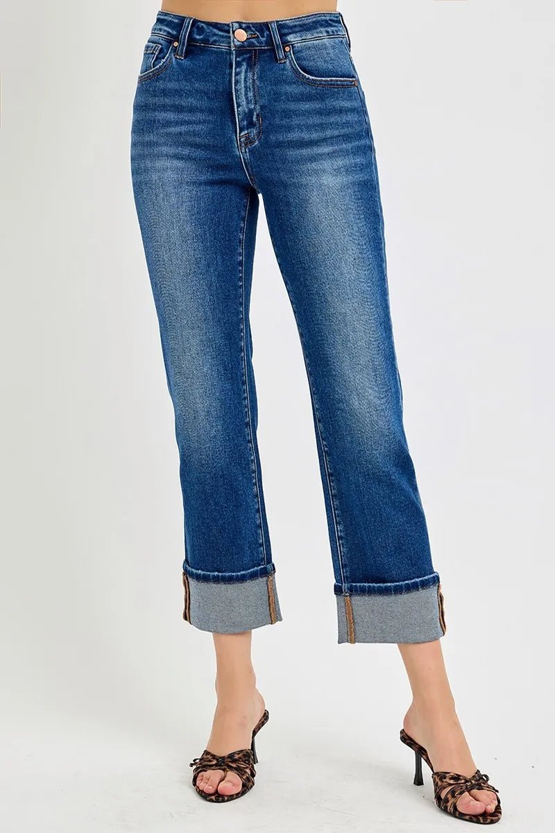 RISEN Plus Size High Rise Ankle Straight Cuffed Jeans - AMVIM