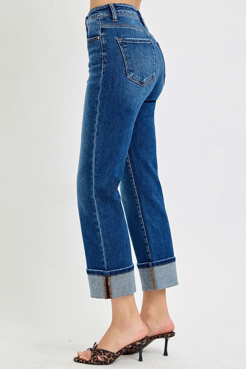 RISEN Plus Size High Rise Ankle Straight Cuffed Jeans - AMVIM