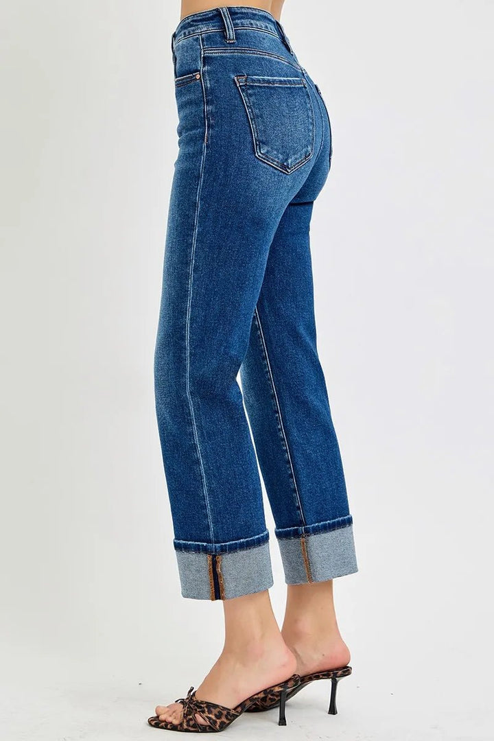 RISEN Plus Size High Rise Ankle Straight Cuffed Jeans - AMVIM