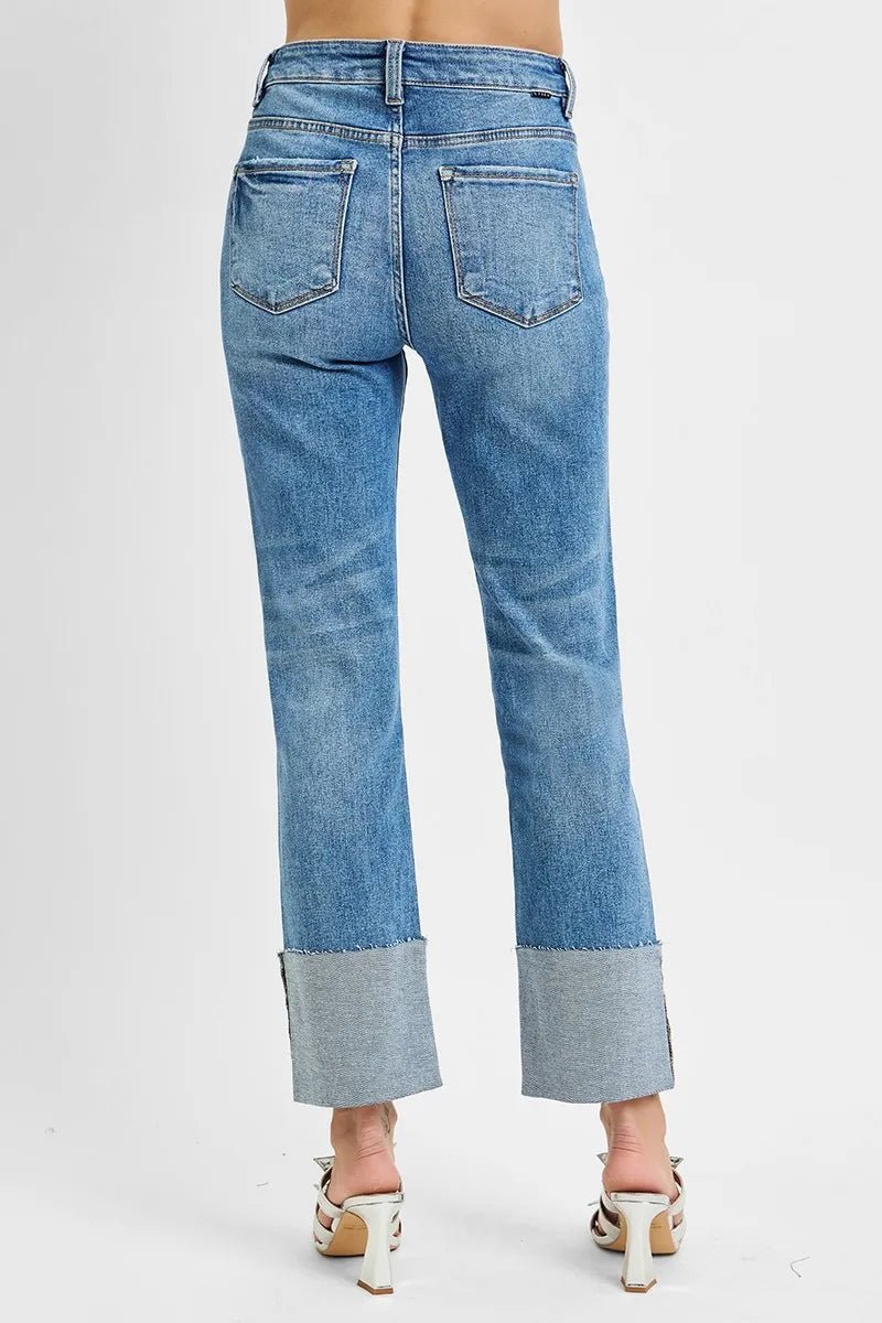 RISEN Plus Size High Rise Ankle Straight Wide Cuffed Jeans - AMVIM