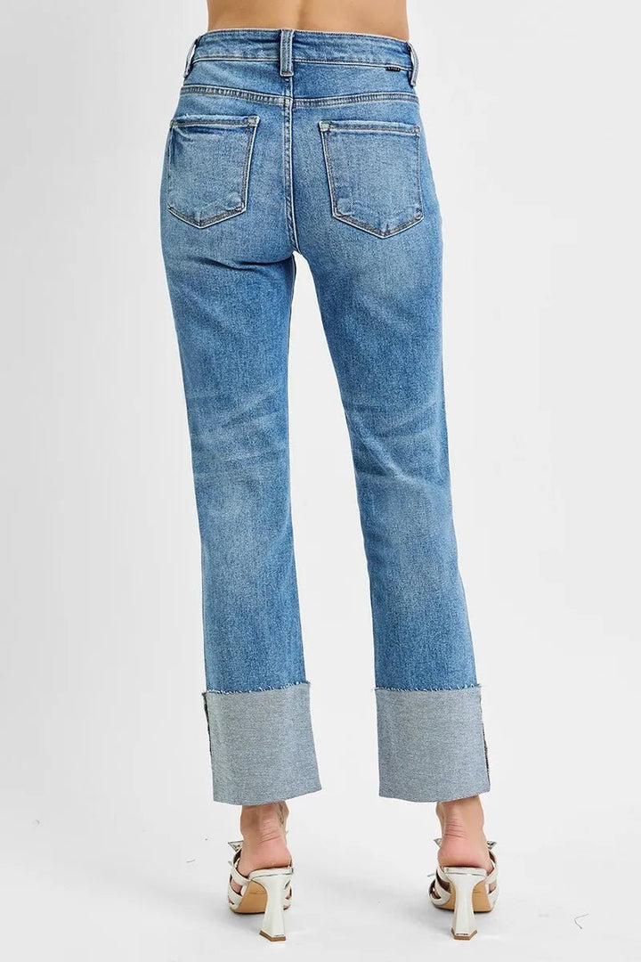 RISEN Plus Size High Rise Ankle Straight Wide Cuffed Jeans - AMVIM