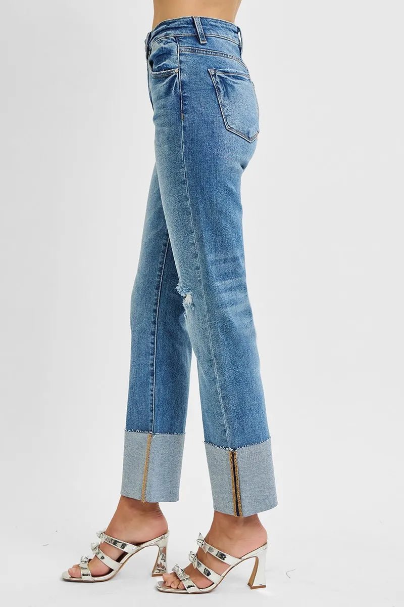 RISEN Plus Size High Rise Ankle Straight Wide Cuffed Jeans - AMVIM