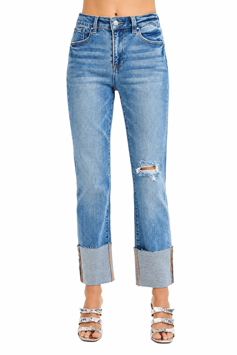 RISEN Plus Size High Rise Ankle Straight Wide Cuffed Jeans - AMVIM