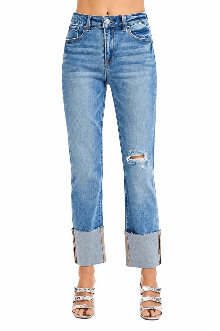 RISEN Plus Size High Rise Ankle Straight Wide Cuffed Jeans - AMVIM
